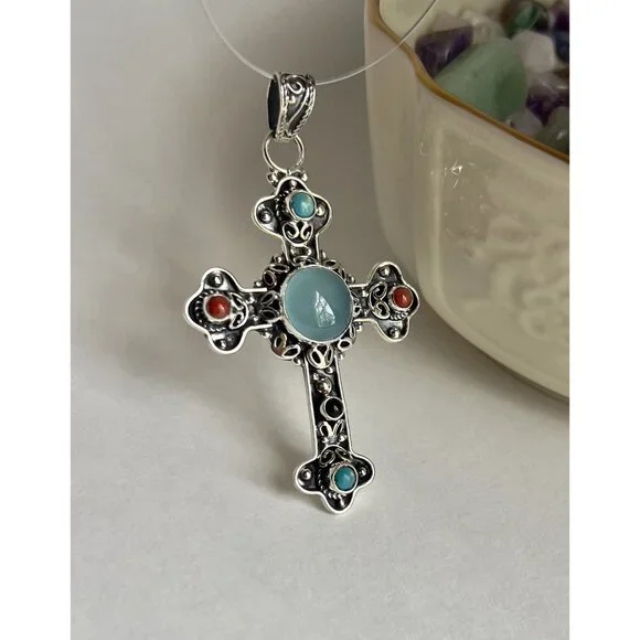 Handcrafted Agate Cut Gemstone Cross 925 Sterling Silver - Picture 9 of 16